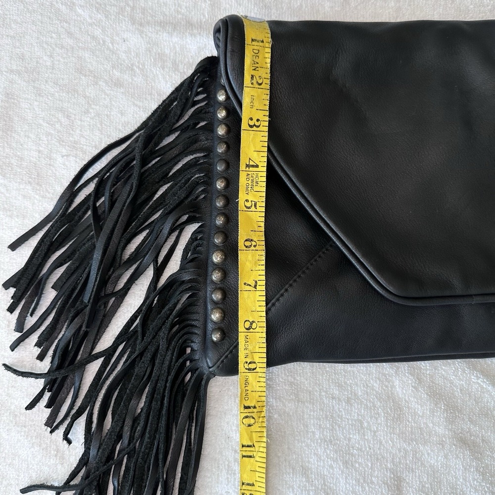 Tylie Malibu Black Leather Studded Fringe Lined Clutch Purse Magnet Close Pocket - Picture 13 of 14